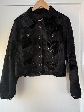Vintage Marilu Floral Beaded Embroidered Mixed Media Jacket Black